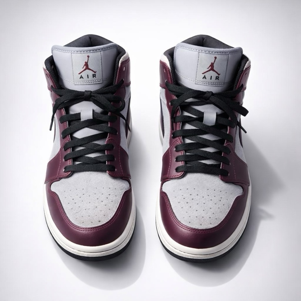 Nike Air Jordan 1 Mid Bordeaux White Wolf Grey Mens‎ Sneakers 554724-600